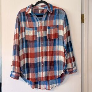 Pilcro Anthropologie Top Womens Size XS Red Blue Plaid Button Up Shirt Oversized